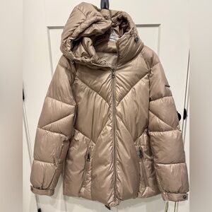 BCBGeneration Missy Belted Champagne Puffer Coat with Hood NWT